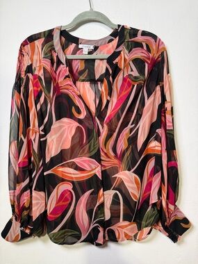 Chico's Pintuck Sleeve Orchid Print Blouse Size 2.5 Large 12-14
